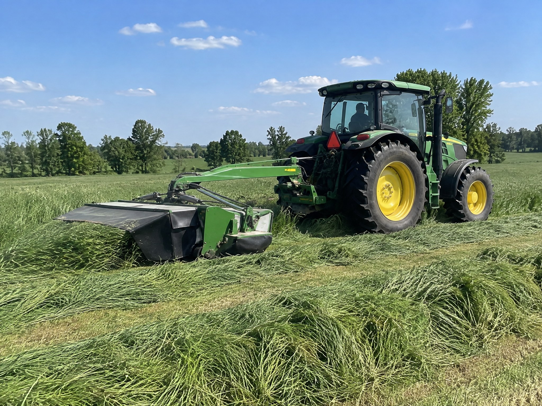 Tractor and disc mower conditioner cutting hay